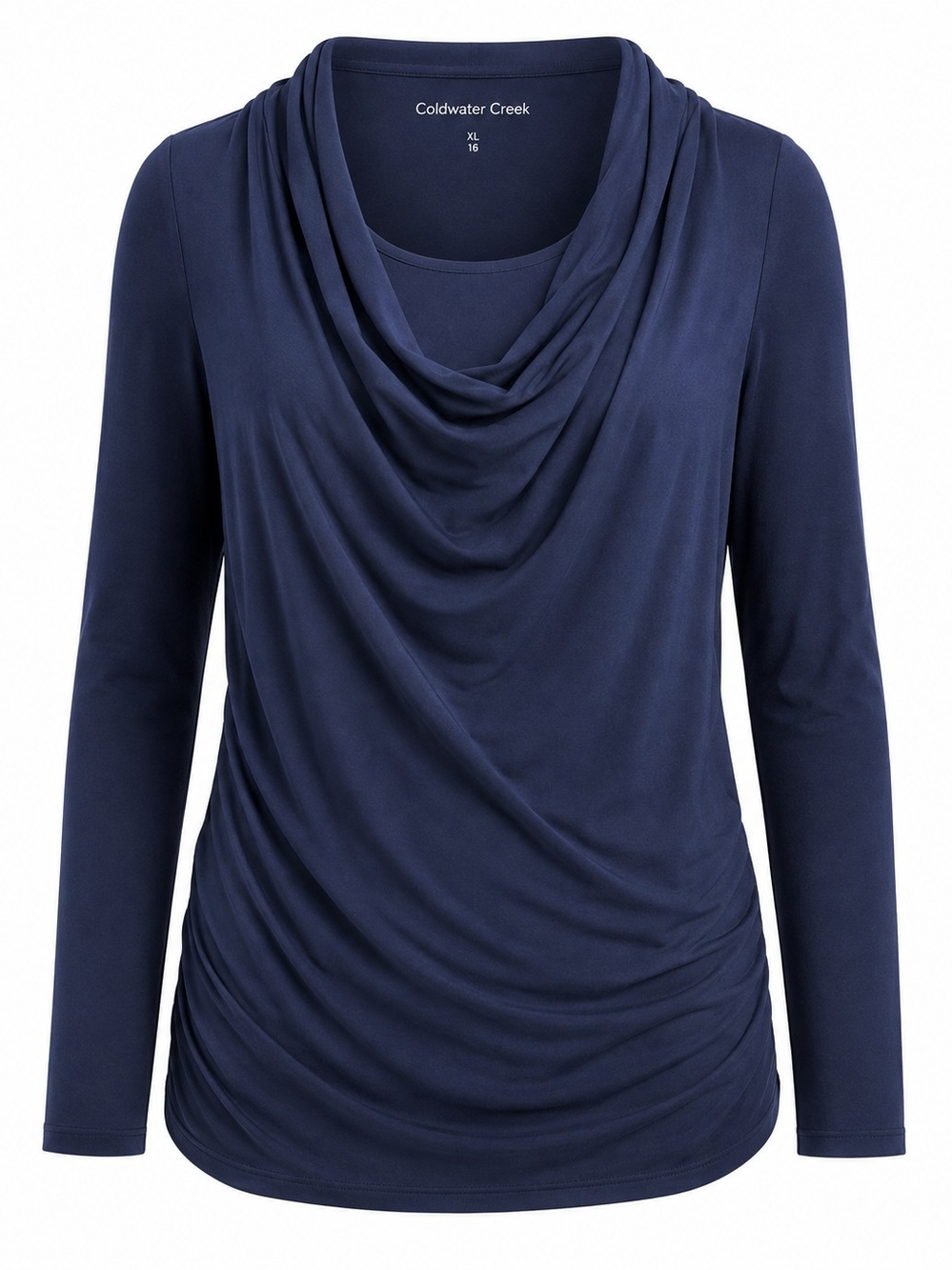 COLDWATER CREEK | Navy Blue Cowl Duet Neck Ruched Layered Stretch Top | XL 16